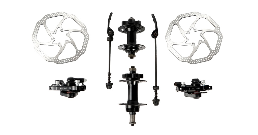 JGO DE FRENO/DISCO A-04,MANZ. ACERO ALT C/ROTOR C/PUNTILLAS,DISCOS 160mm,MORD. ALUMINIO,NEGRO,DRIVE